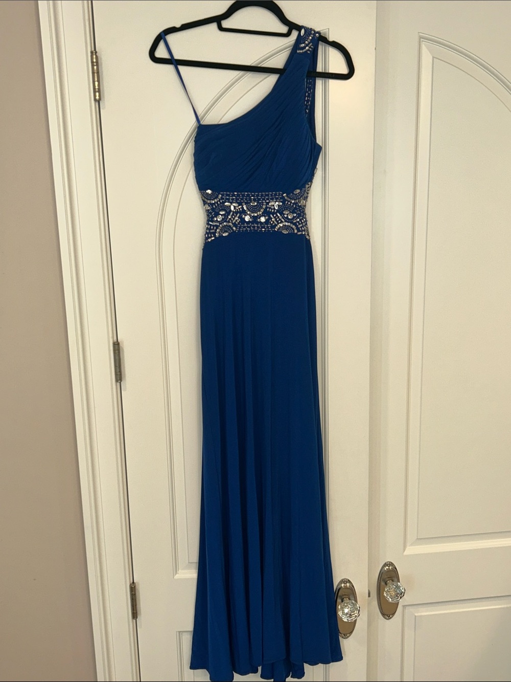 Blondie Nites- One-Shoulder Royal Blue Evening Gown with Embellished Waist